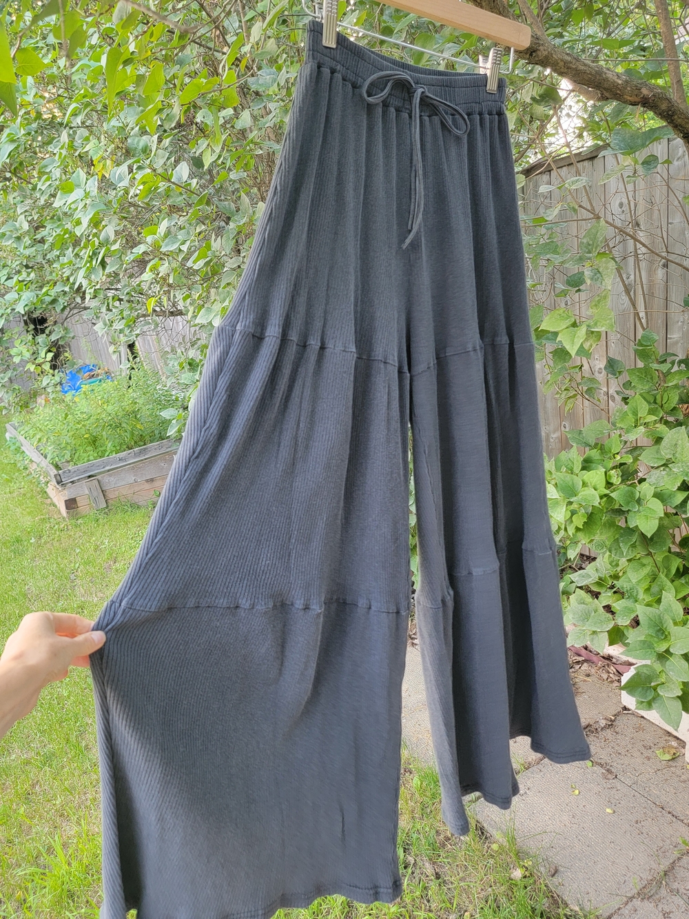 Wide-Leg Boho Ribbed Lounge Pants & Top Set - Charcoal Black Gray 100% Cotton